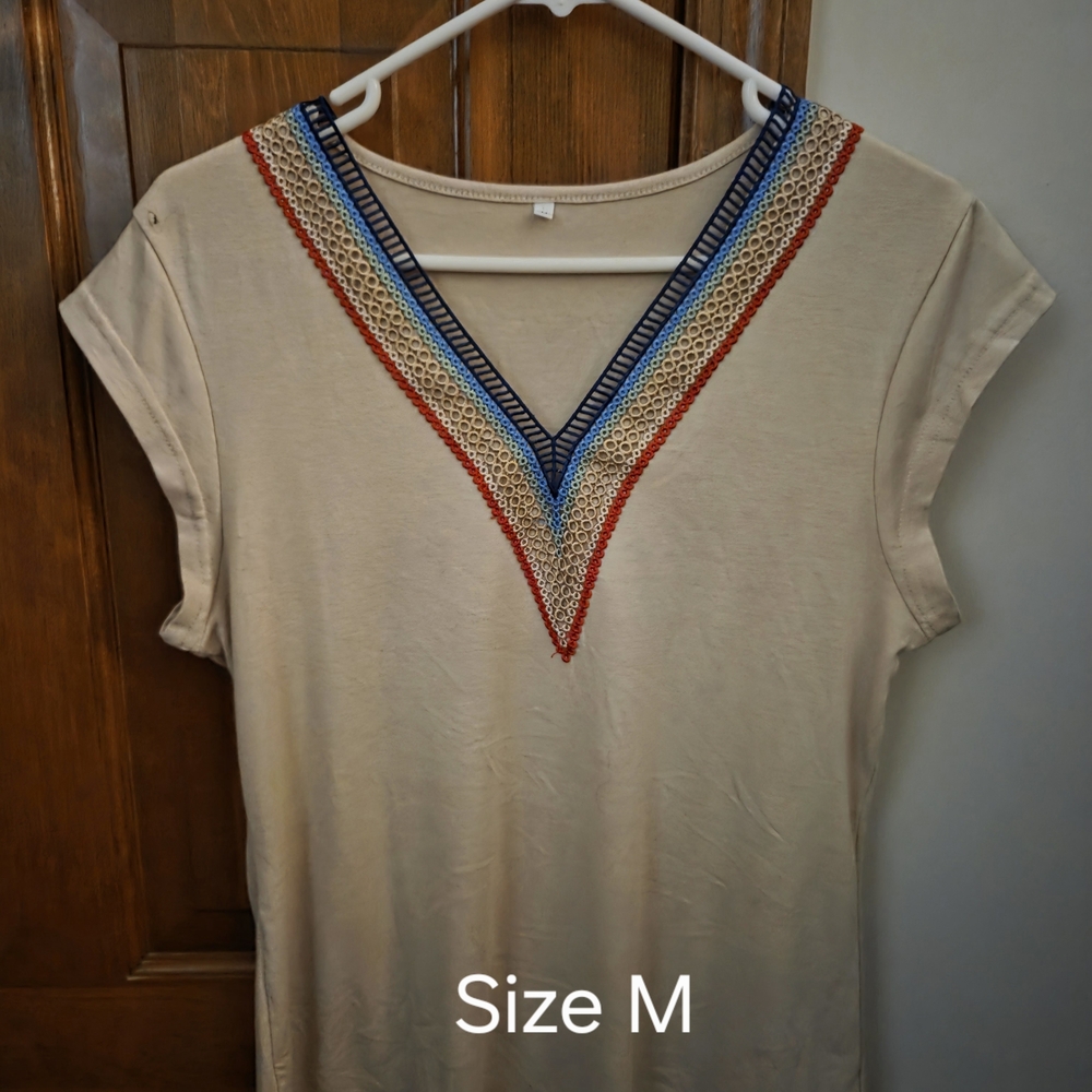 Beige V-Neck Embroidered Women's Top